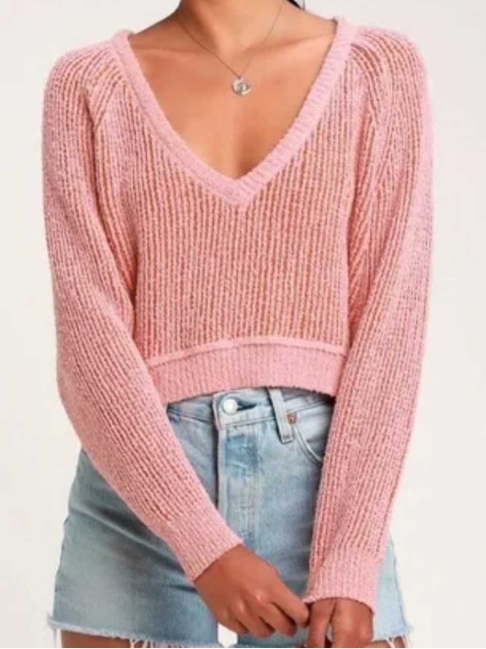 Free People High Low V-Neck Chunky Knit Cropped Slouchy Sweater S